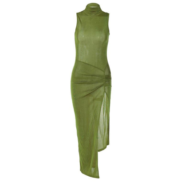 Robe midi transparente irrégulière à col montant et fente froncée 