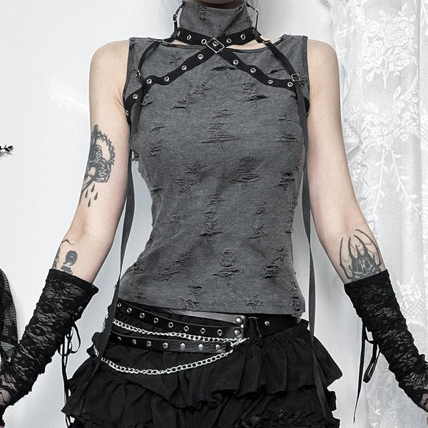 Sleeveless high neck buckle patchwork top