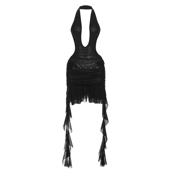 Halter ruffle o ring sheer mesh mini dress  | samba dress