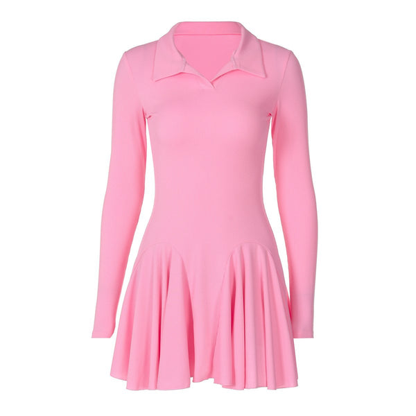 Turnover collar long sleeve solid mini dress  | red tango dress