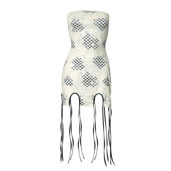 Print tassels slit tube mini dress