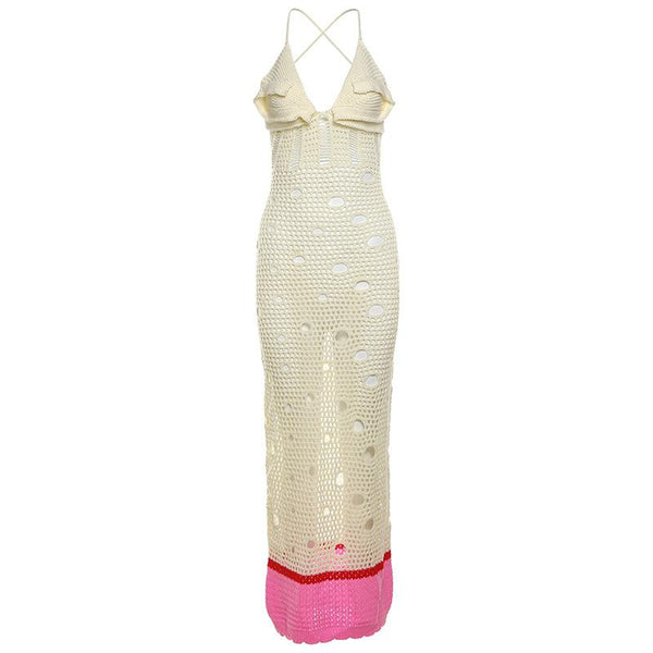Robe longue en tricot à col en V et lacets ajourés 