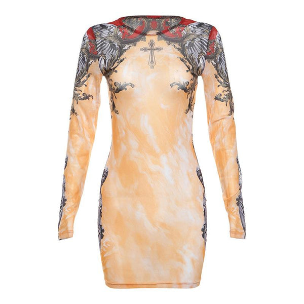 Long sleeve crewneck print sheer mesh mini dress  | samba dress