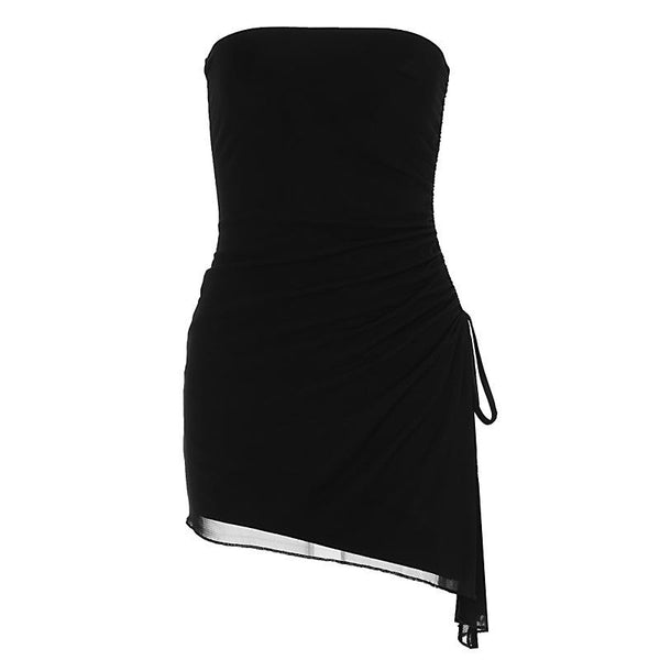 Drawstring ruched mesh irregular tube mini dress  | red tango dress
