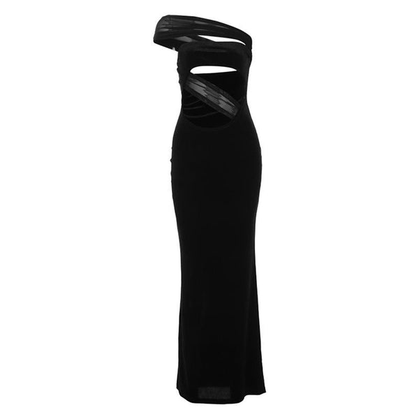 One shoulder irregular hollow out velvet mesh maxi dress