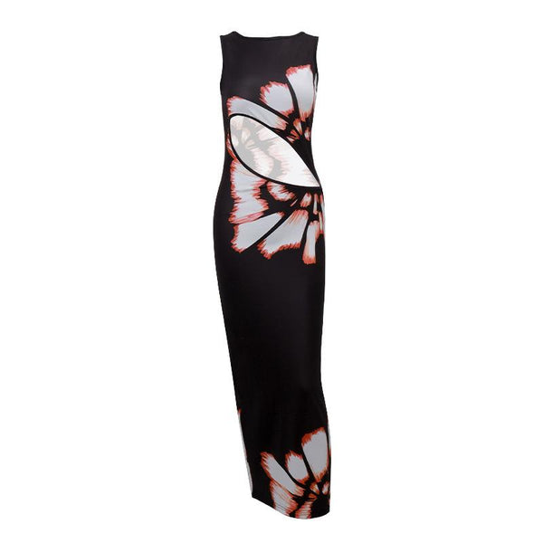 Robe longue à col ras du cou et imprimé ajouré 