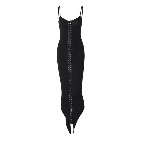 Lace up PU leather patchwork cami midi dress