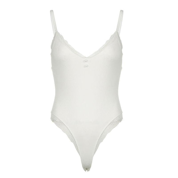 Body camisole côtelé à col en V et ourlet en dentelle 