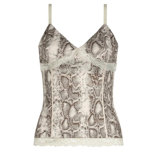 Snake print v neck lace hem cami top