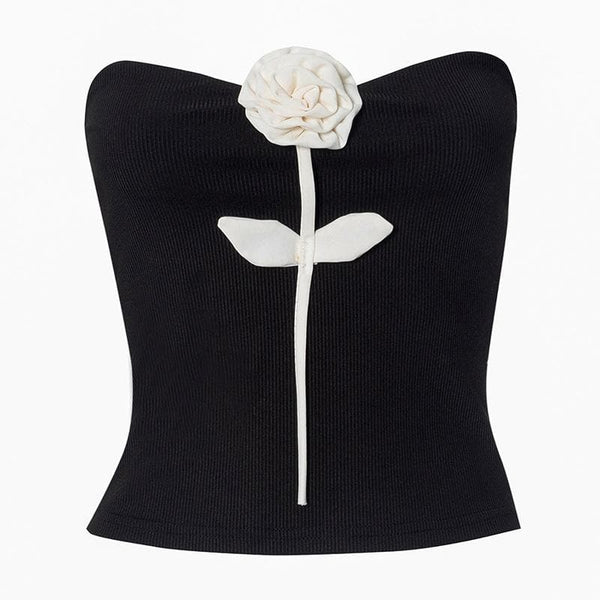 Haut tube dos nu côtelé avec appliques roses 
