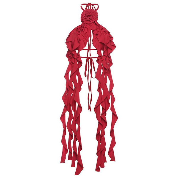 Halter flower applique ruffle backless top