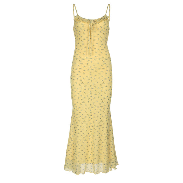 U neck ruffle mesh flower print cami maxi dress
