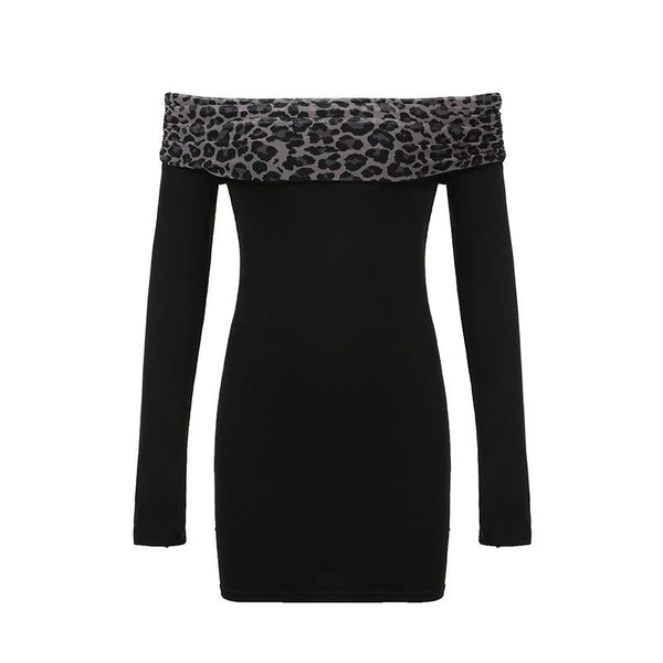 Off shoulder long sleeve leopard print mini dress