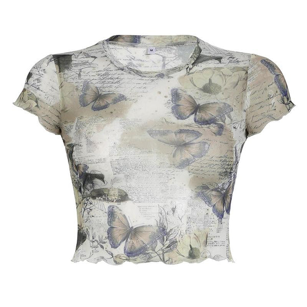 Short sleeve crewneck butterfly print sheer mesh top