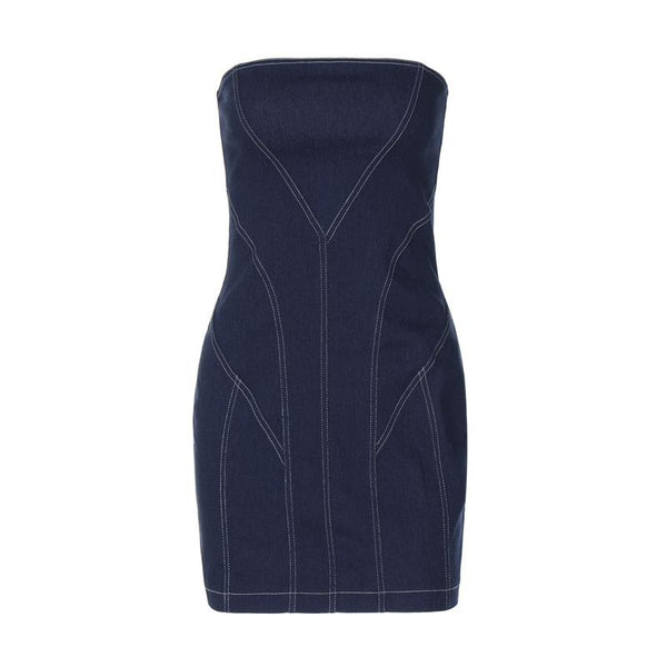 Denim stitch zip-up backless tube mini dress