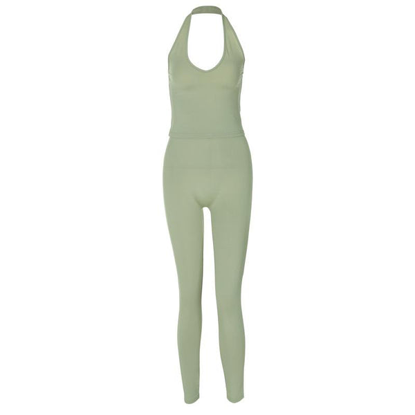 Halter u neck solid backless pant set