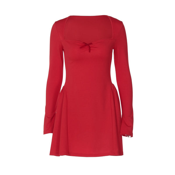 Long sleeve bowknot solid ruched mini dress  | red tango dress