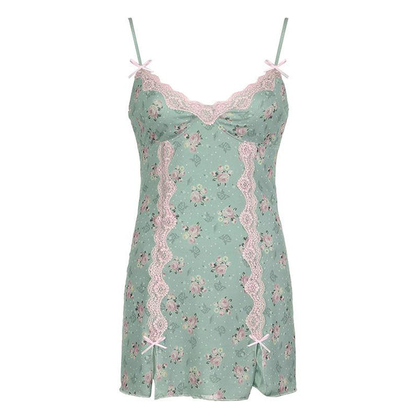 Lace hem bowknot print mesh slit cami mini dress
