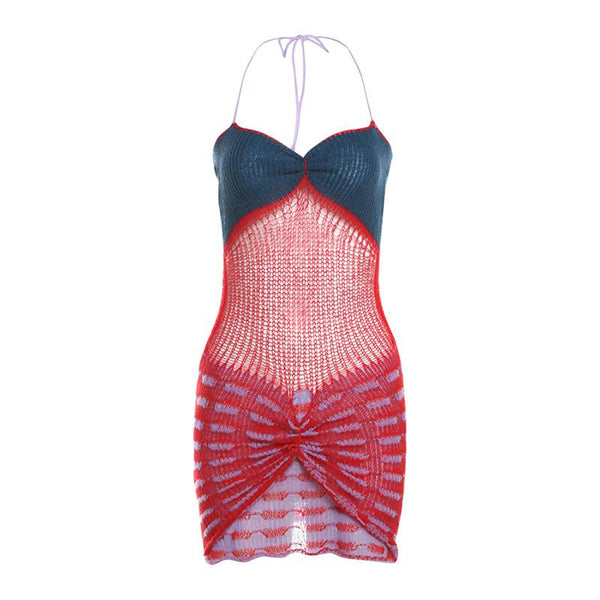 Halter ruched knitted hollow out mini dress  | red tango dress