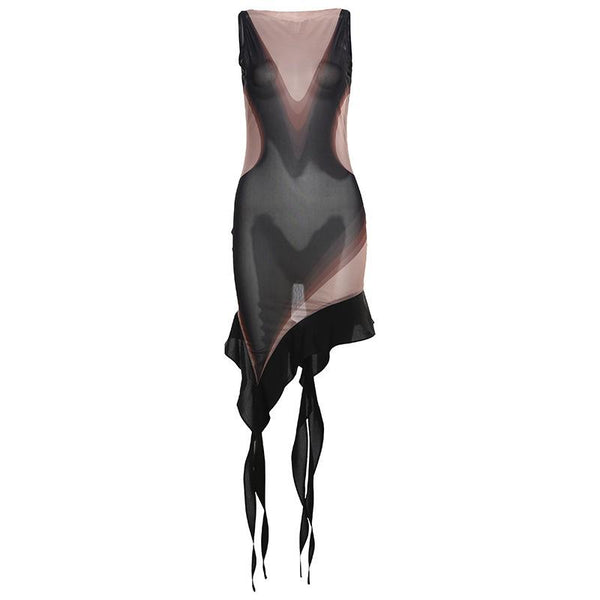 Sleeveless crewneck print irregular mesh mini dress