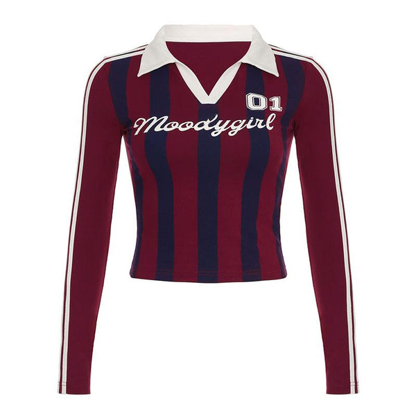 Turnover collar long sleeve striped letter print top