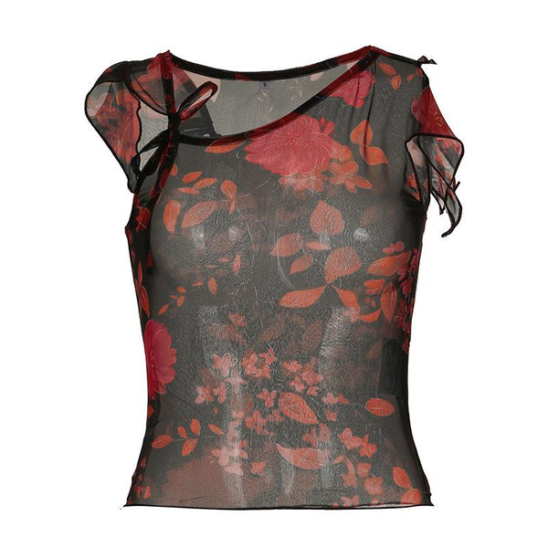 Irregular sheer mesh print ruffle top