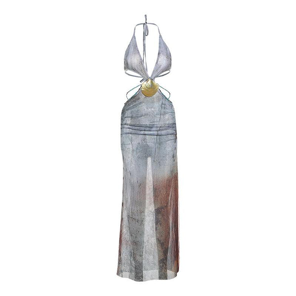Halter self tie deep V neck sheer mesh shell applique maxi dress  | samba dress