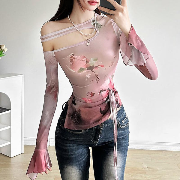 Long flared sleeve sheer mesh print top