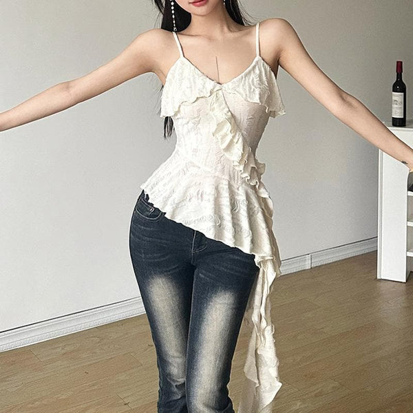 Haut camisole uni à volants et col en V, dos nu irrégulier 