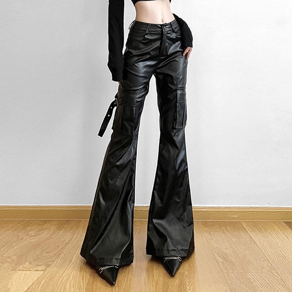 Pantalon taille haute en cuir PU avec poche à boucle 