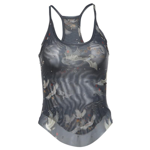 U neck sheer mesh print beaded tank top