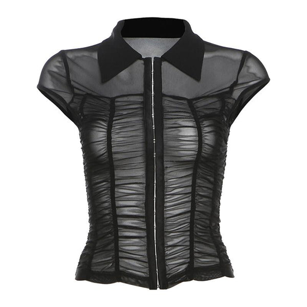 Cap sleeve mesh turnover collar ruched button top