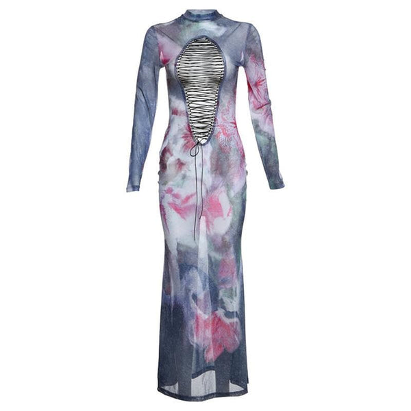 Long sleeve print sheer mesh lace up maxi dress  | samba dress