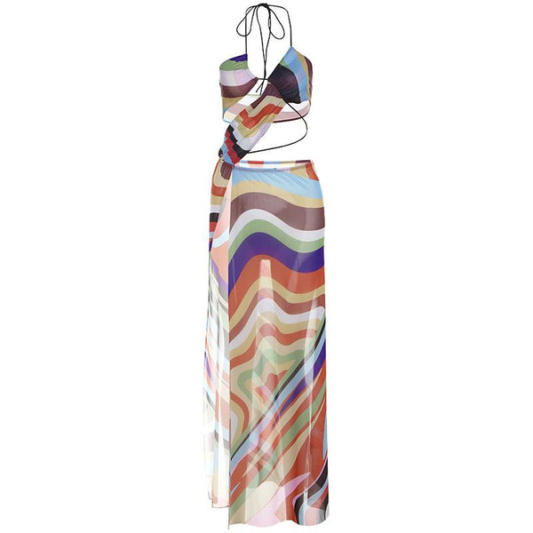 Halter print contrast high slit sheer mesh maxi dress  | samba dress