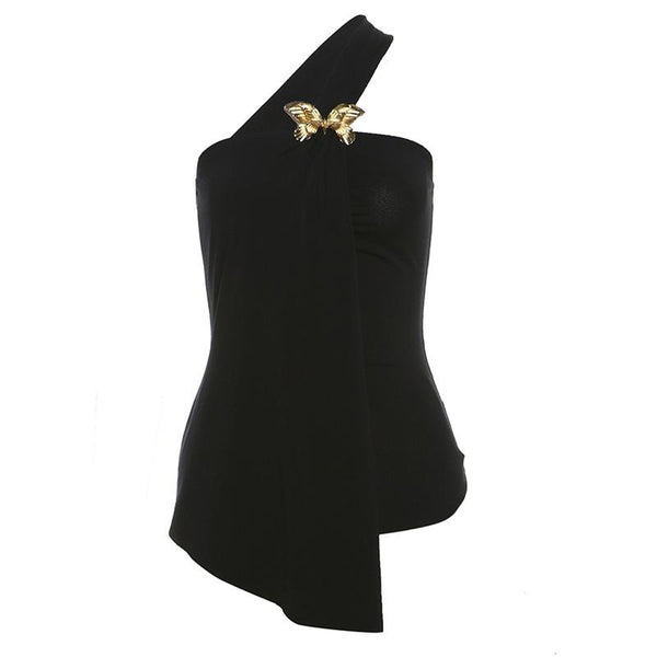 One shoulder chiffon butterfly applique irregular top
