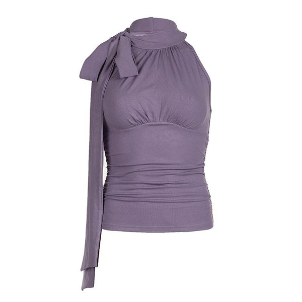 Sleeveless high neck knotted ruched top