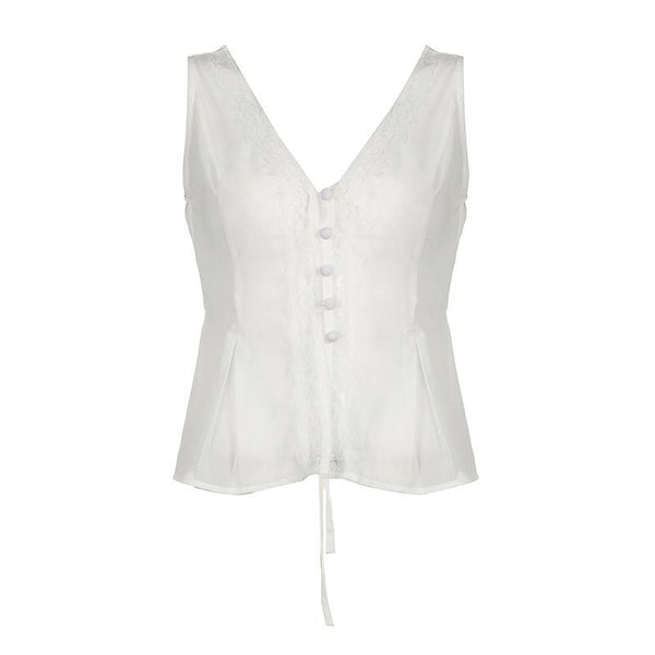 V neck button lace hem solid tank top