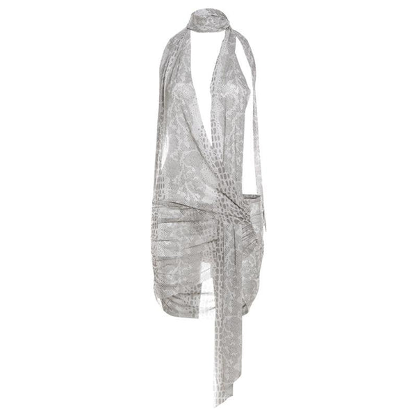 Snakeskin print halter sheer mesh irregular ruched mini dress  | samba dress