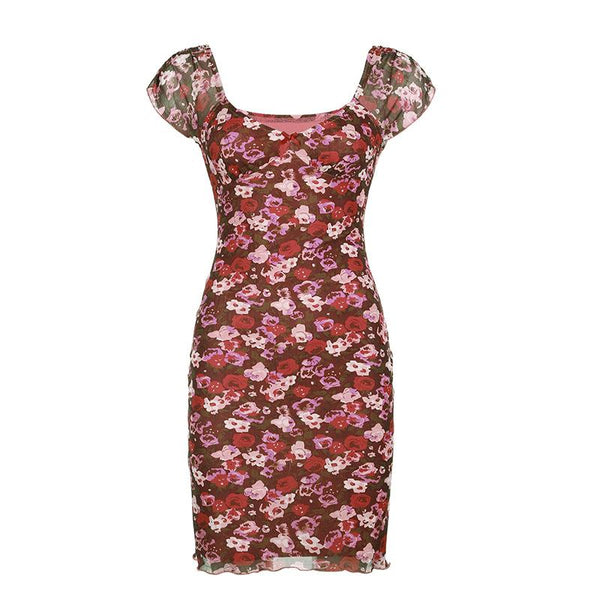 Cap sleeve print bowknot mesh mini dress