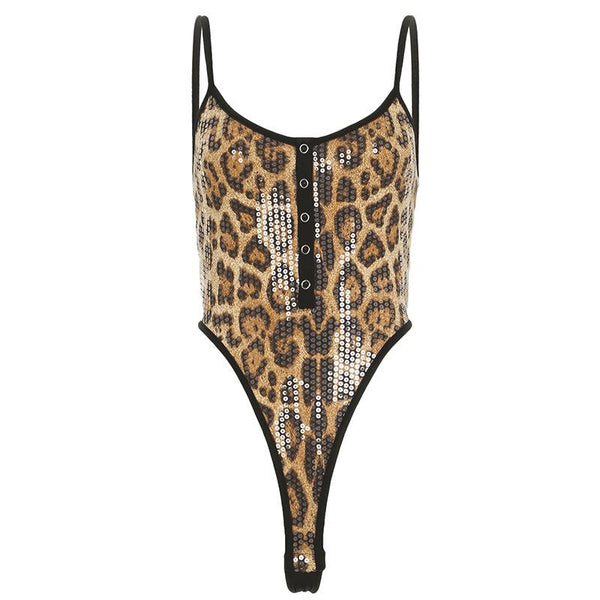 Body camisole à imprimé léopard, col en U, boutons pailletés 