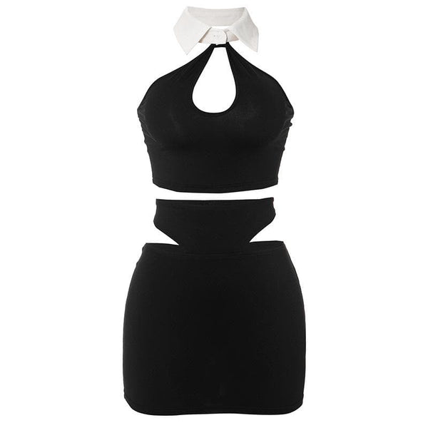 Halter turnover collar hollow out mini skirt set