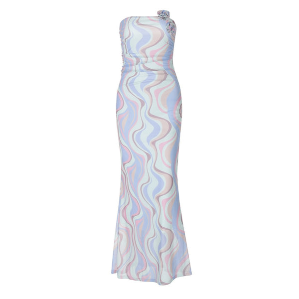 Rose applique ruched contrast mesh tube maxi dress