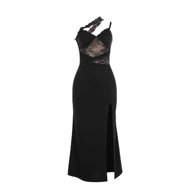 Robe longue fendue à col en cœur et ourlet en dentelle 
