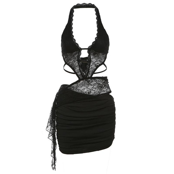 Halter deep v neck patchwork lace ruffle mini skirt set