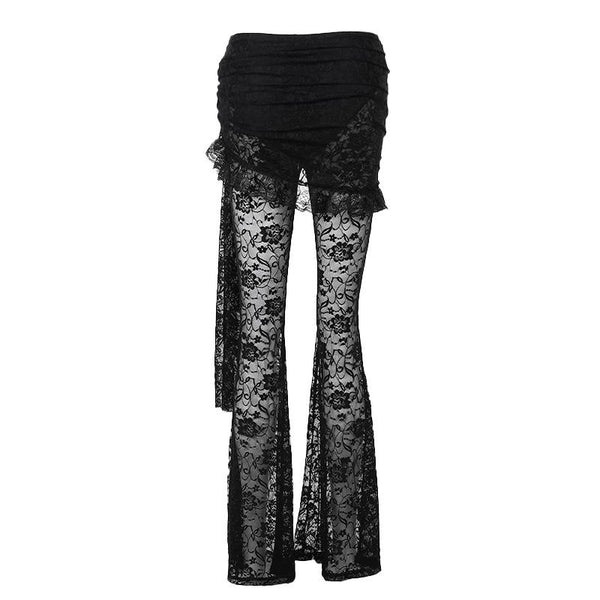 Pantalon uni irrégulier en dentelle froncée à volants 