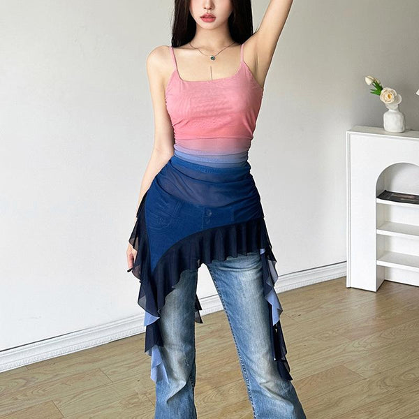 Haut camisole à volants irréguliers en maille transparente à col en U 