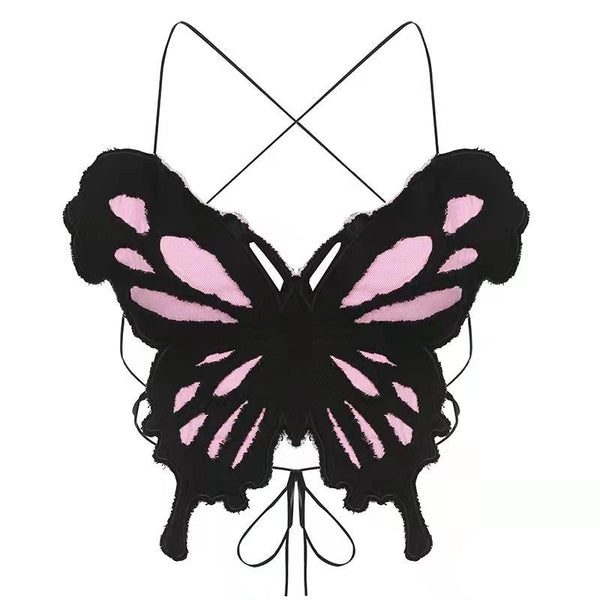 Haut caraco dos nu à motif papillon et dos croisé 