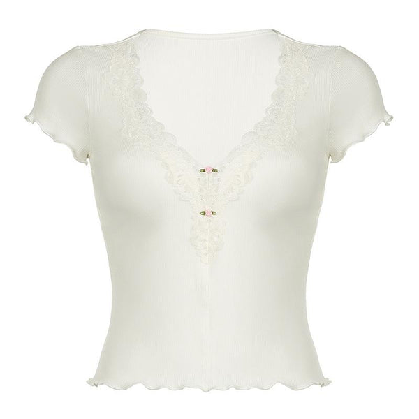 Short sleeve v neck ruffle lace hem ribbed top
