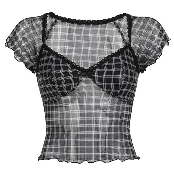 Short sleeve plaid lace hem bowknot mesh top