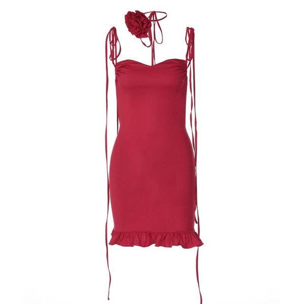 Rose applique ruched ruffle knotted cami mini dress  | red tango dress
